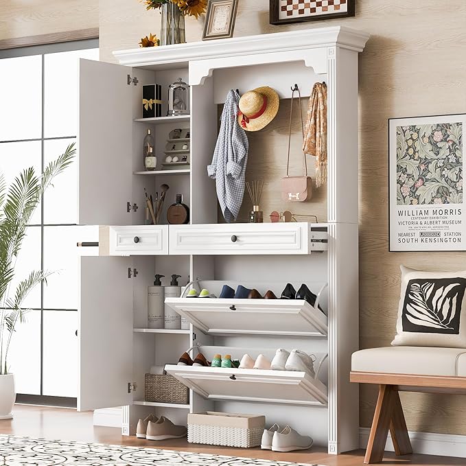 Merax Hall Tree with Shoe Storage, Entryway Coat Rack with 4 Hooks, 2 Flip Drawers, and 2 Cabinets, Modern Hall Trees for Hallway, Living Room,White
