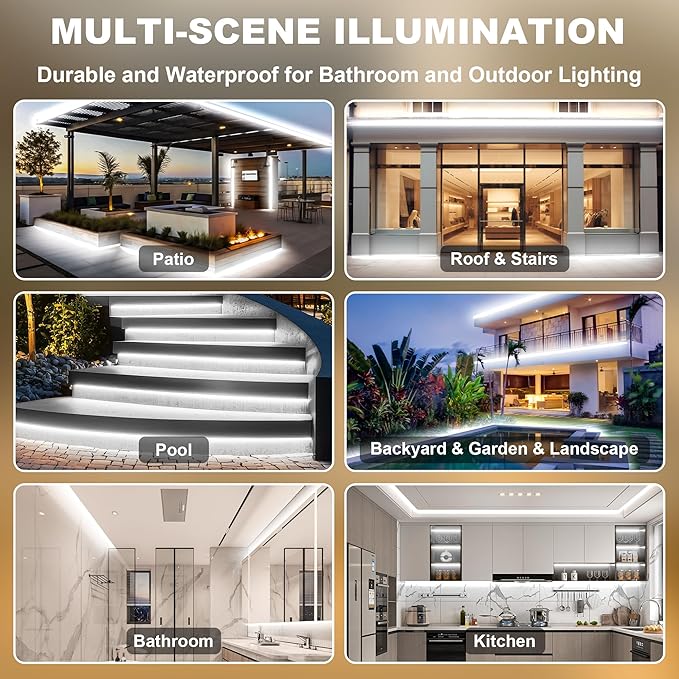 IP67 Waterproof COB LED Strip Lights AC 110V-120V Direct Plug, 100FT Super Bright Outdoor Strip Lights with Double Fuse Controller, 6500K White LED Strips for Garden Patio Commercial Decor