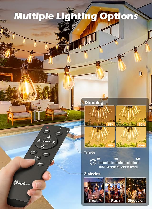 Brightown 75FT Solar String Lights Outdoor Waterproof with Remote, 35+1 LED Shatterproof Bulbs, Dimmable & Timable, 3 Light Modes - Commercial Grade Patio Lights for Garden Backyard Party Decor