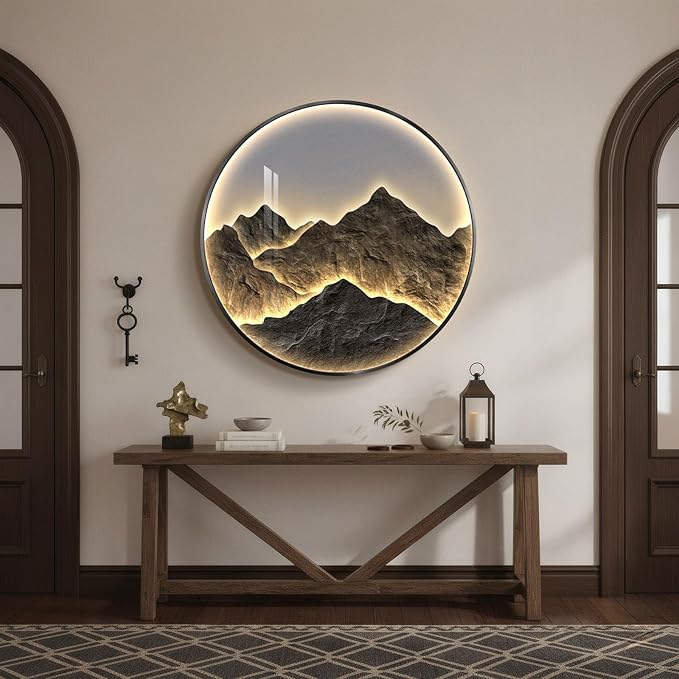Troartos Framed LED Mountain Wall Art for Living Room, Modern Luxury Dimmable Lighted Landscape Artwork for Walls, Light Remote Control Wall Decor for Hallway, Apartment, Dining Room, Office, 30x30