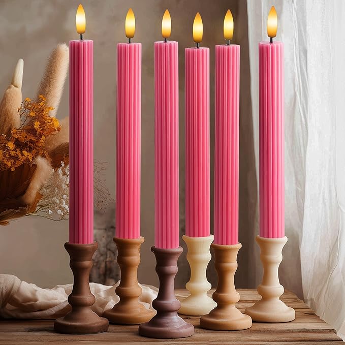 WYZworks 10" Fluted Ribbed LED Pink Grooved Pillar Candles, Remote & 24h Timer Memory, On/Off Switch - Flameless Dimmable Battery Operated w/Flicker Mode, Home Wedding Decor (6 Pack)
