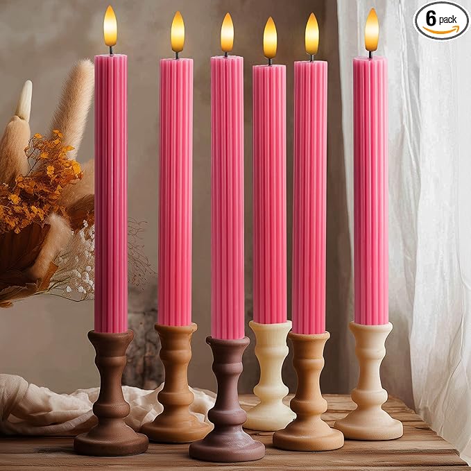 6 Pack, 10" LED Flameless Pink Ribbed Taper Candles w/Remote Controller, On/Off Button, Dimmable, Flicker/Static Mode, Battery Operated, Holiday Christmas Menorah Home Wedding Decor