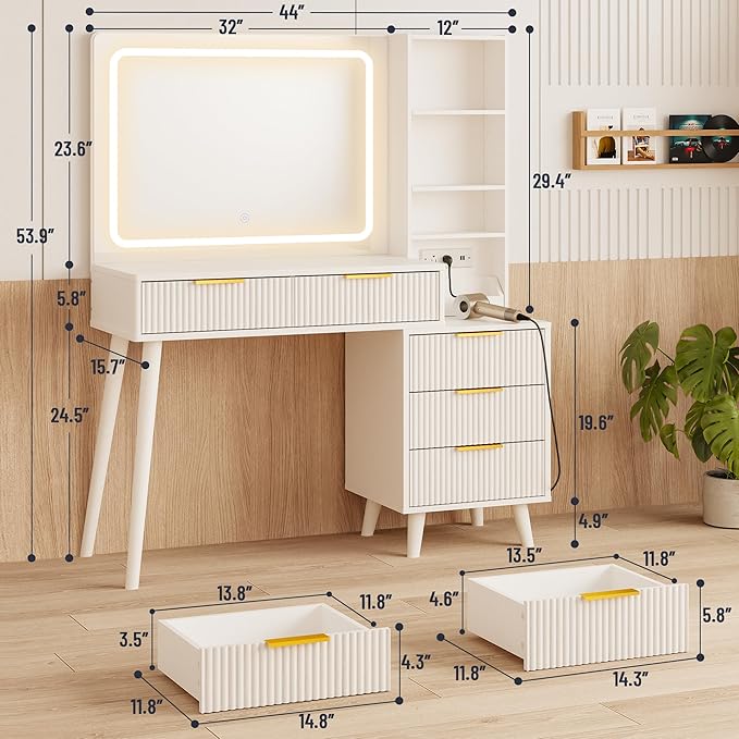 Makeup Vanity Desk with Mirror and Lights, Makeup Vanity with 5 Drawers&Storage Shelves, Vanity Table with Power Outlet, 3 Color Adjustable Lighting Dressing Table Set for Bedroom Ivory
