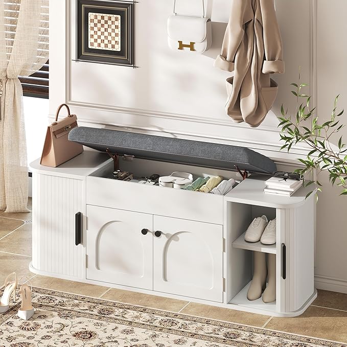 47.2'' Entryway Shoe Storage Bench with Seat Cushion & Sliding Door, Shoe Rack with Lift-Top Hidden Storage & Adjustable Shelf, Bench for Bedroom End of Bed, White
