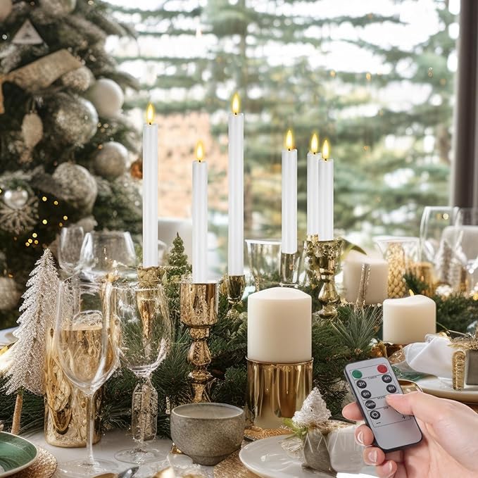 10 Pcs Flameless Taper Candles with Remote Battery Operated Taper Candles Include 6.5'' 7.7" 8.9" 10" 11.2" Fake LED Electric Candle Sticks for Valentine's Day Home Wedding Decor (White)