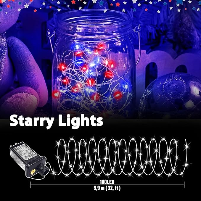 LAMPHOME Patriotic Fairy Lights Plug in, 33Ft 100 LEDs Waterproof Twinkle Firefly Lights, Adaptor Included Starry String Light for Independence Day Patriotic Holidays Decoration (Red, White & Blue)