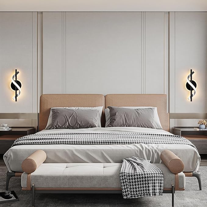 Black Wall Sconces Sets of 2, 12W Modern Spiral LED Wall Lamp, 3000K Warm White Wall Light Fixture for Stairs Living Room Bedroom Aisle Hallway