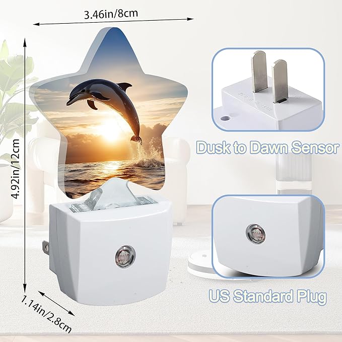 Night Light,Ocean Dolphin Plug into Wall with Dusk to Dawn Light Sensors,Tropical Beach Sunset Warm Star Nightlights for Bedroom,Bathroom,Hallway,Kitchen Home Decor Desk Lamp