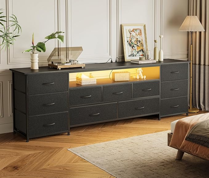 Huuger 70 Inch TV Stand for 75, 80 Inch TV, 11 Drawer Long Dresser with Power Outlets and LED Lights, Entertainment Center with Storage, Black Dresser with PU Leather Surface, 1TS011B