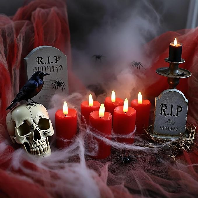 Battery Operated Plastic Flameless LED Drip Pillar Candle with Cycling Timer, Red Flickering Realistic Electric Light for Christmas Halloween Indoor Home Dinner Party Centerpiece Fireplace Decor 6Pcs