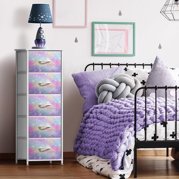 Sorbus Kids Dresser with 5 Drawers - Storage Chest Organizer Nightstand - Steel Frame, Wood Top, Tie-Dye Fabric Bins for Clothes - Wide Furniture for Bedroom, Hallway, Nursery, Closet, & Apartment