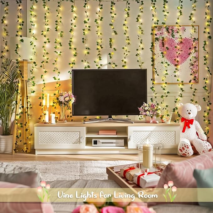 JMEXSUSS Vines Lights for Bedroom, 9.8ft x 9.8ft with Remote, 300 LED Fairy Lights with Vines, Artificial Ivy Curtain Light for Wall Dorm Wedding Indoor Decor (Pack of 2)