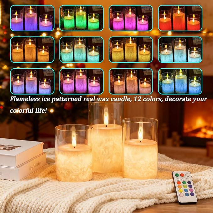 Ice Crystal Real Wax 12-Color Flameless Candles 3-Pack with Remote Timer, Battery Operated Multicolor LED Candles with Warm Flickering Flame for Christmas Wedding Home Decor (4/5/6 Inch)