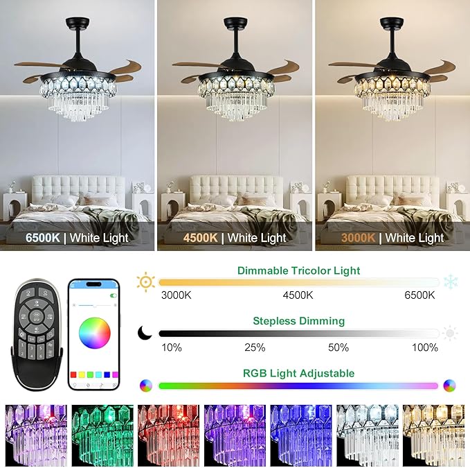 Lightree 42 Inch Black Fandelier Ceiling Fan with App Remote Control and Bluetooth Speaker,RGB LED Light Retractable Smart Ceiling Fan 6 Speed Timer Bluetooth Chandelier Fan for Bedroom Living Room
