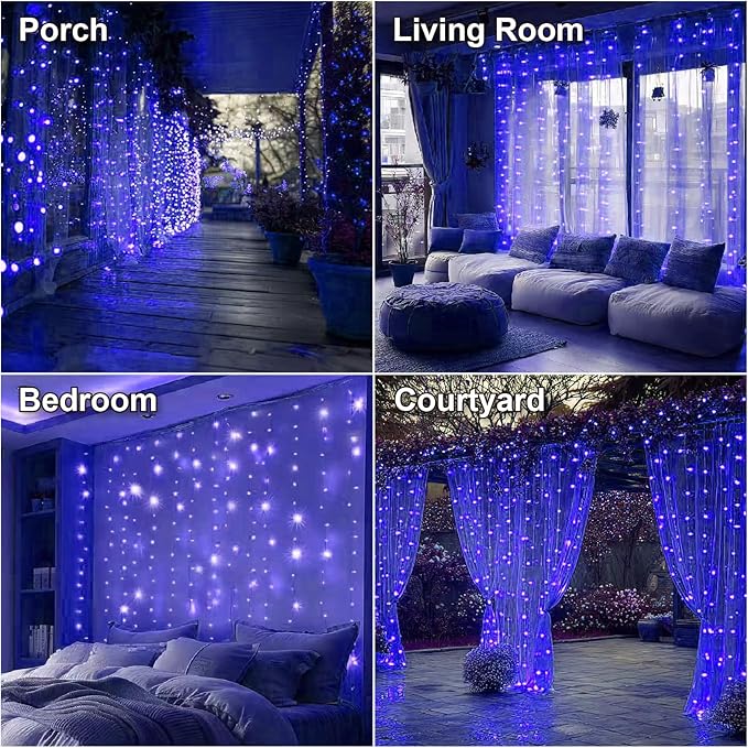 HXWEIYE 300LED Fairy Curtain Lights, 9.8x9.8Ft USB Plug-in 8 Modes Christmas String Hanging Lights with Remote for Bedroom Backdrop Wedding Indoor Wall Decor, Blue, Standard – 1 Pack