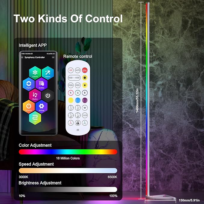 MIHEAL 2PCS Corner Floor Lamp, Synced Lights LED Control Floor Lamp RGB Light 56" Smart LED Corner Lamp App and Remote for Living Room Gaming Bedroom and Etc.