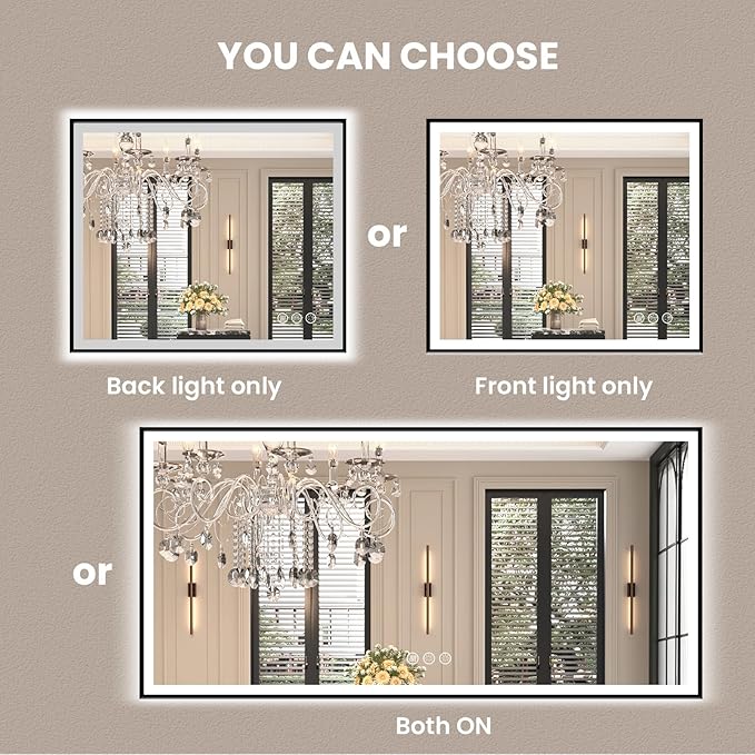 Amorho LED Bathroom Mirror with Black Frame, 40"x 38" Front Light and Backlit(Controlled Separately), Stepless Dimmable, Anti-Fog, Shatter-Proof, 3 Colors, Memory