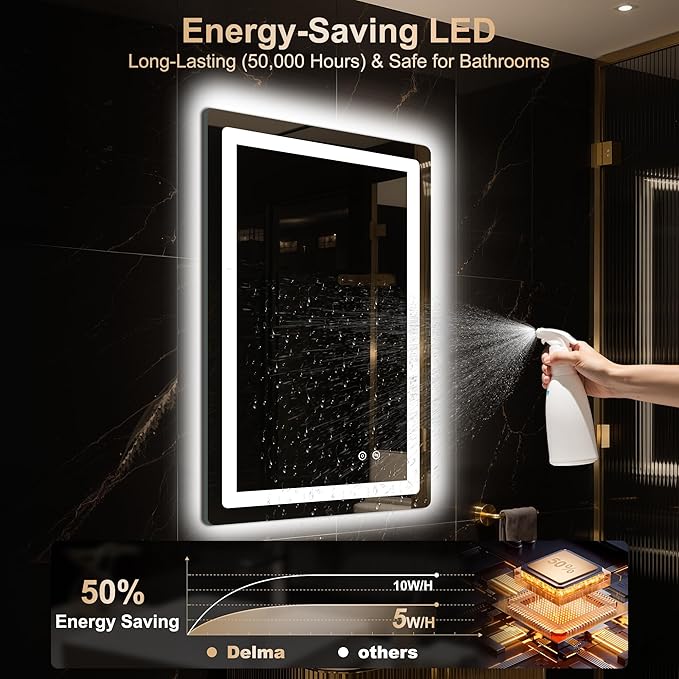 Delma LED Bathroom Mirror with Lights, 30x20 Vanity Mirror for Bathroom Wall, Anti-Fog, Dimmable, Front Lit & Backlit, Memory Function, Shatterproof Tempered Glass, 3 Color Modes(Horizontal/Vertical)