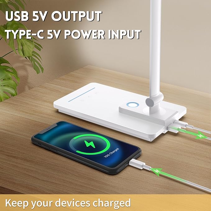 LED Desk Lamp for Home Office, USB Charging Port, Reading Desk Light with 5 Color Temperatures, Stepless Dimming, Table Lamp with Timer, Night Light, Foldable Desk Lamp for College Dorm Room (White)