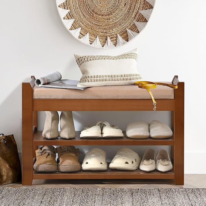 Shoe Rack Bench with Storage 27.6 in, Entryway Bench Shoe Storage with Cushion for Hallway, Bedroom, Living Room