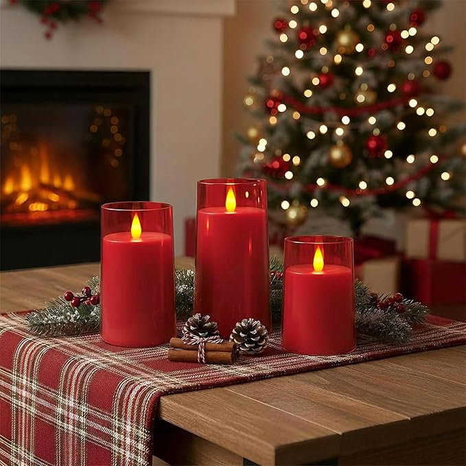 Raycare Flameless Electronic Pillar Candles with Remote Control and Timer- Battery Operated Realistic Flickering LED Fake Candle for Home, Wedding, Valentine's Day Decor,Red,Set of 3(3"x4"5" 6")
