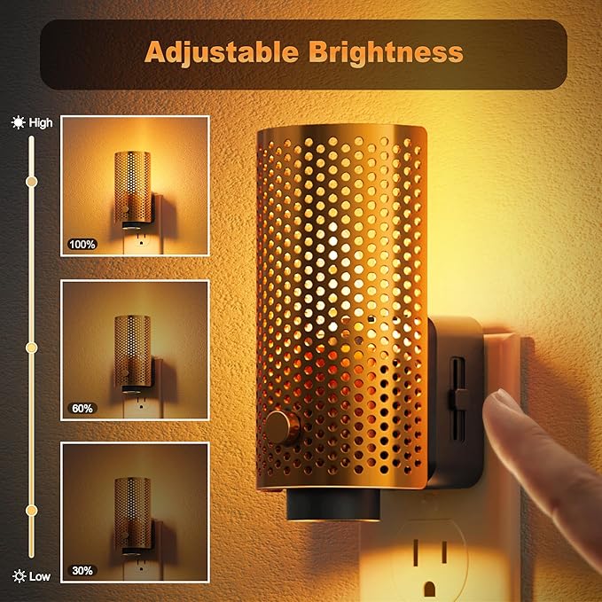 JandCase Night Lights Plug into Wall, Pretty Nightlight with Metal Shade, 3000K Warm White 0-100LM Adjustable Brightness, Flames Flickering Night Light for Bathroom Hallway Bedroom