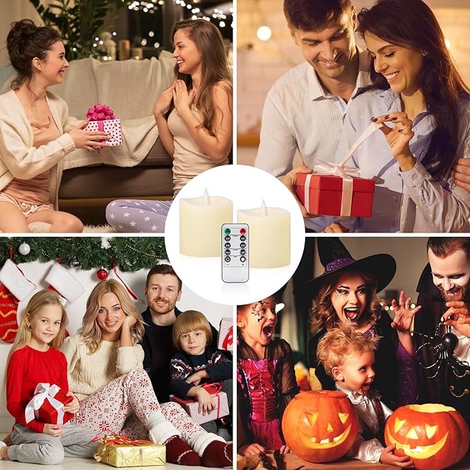 3x3 Flameless Candles with Remote & Timer - Battery Operated LED Pillar Candles, 600-Hour Long-Lasting, Flickering Effect for Valentine's Day, Indoor/Outdoor Decor (Ivory, 3x3 Inch, 2 Pack)
