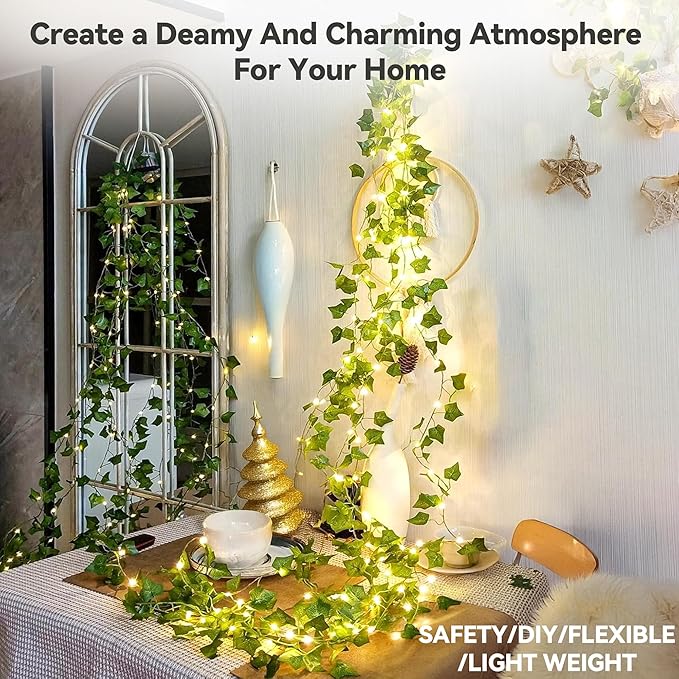 YOUNGAR Ivy Vines with Fairy Lights,Leaf String Warm White Lights Battery/USB Operated,23FT 73LED Fake for Bedroom Wall Room Wedding Birthday Garden Party Wall Room Decor