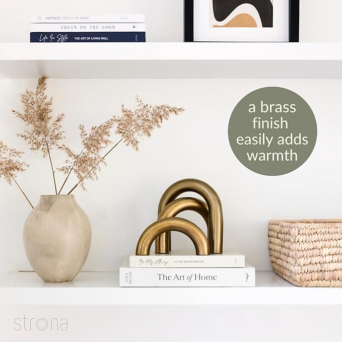 Brass Finish Arch Decor - 3 Piece Organic Modern Home Decor Accent Set for Bookshelf, Coffee Table & Console Styling