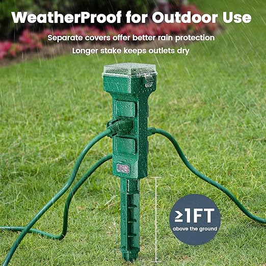 SURAIELEC Outdoor Power Stake Timer Waterproof, 100FT Wireless Remote Control, Dusk to Dawn Timer, 6 Grounded Plug Outlets, 25FT, Power Strip for Christmas Lights, Garden, Patio, Outdoor Light