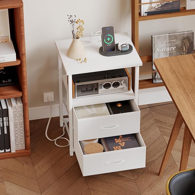 Fixwal White Night Stand with Charging Station, Bedroom Nightstand with Fabric Drawers, Bedside Table with PU Finish