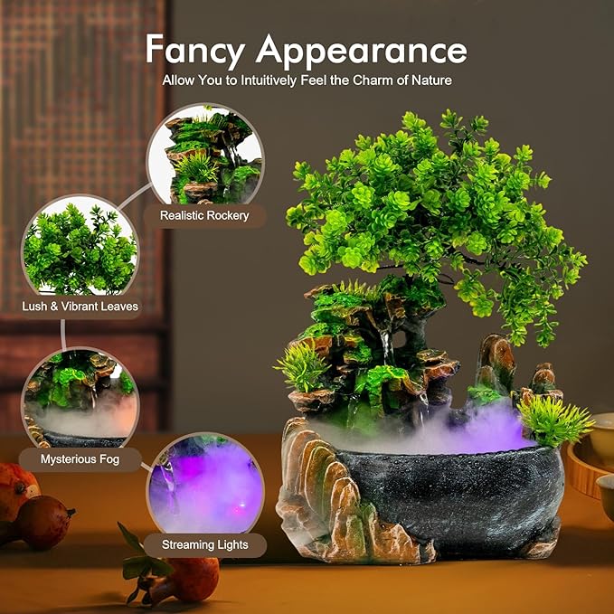 Tabletop Rockery Water Fountain Indoor Relaxation Waterfall Bonsai Desktop Ornament with LED Light, Zen Meditation Home Office Bedroom Atomizing Humidifier Desk Decoration