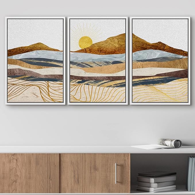 wall26 Framed Canvas Print Wall Art Set Gold Wave Geometric Mountain Range Nature Wilderness Illustrations Modern Art Decorative Landscape Zen for Living Room, Bedroom, Office - 24"x36"x3 White