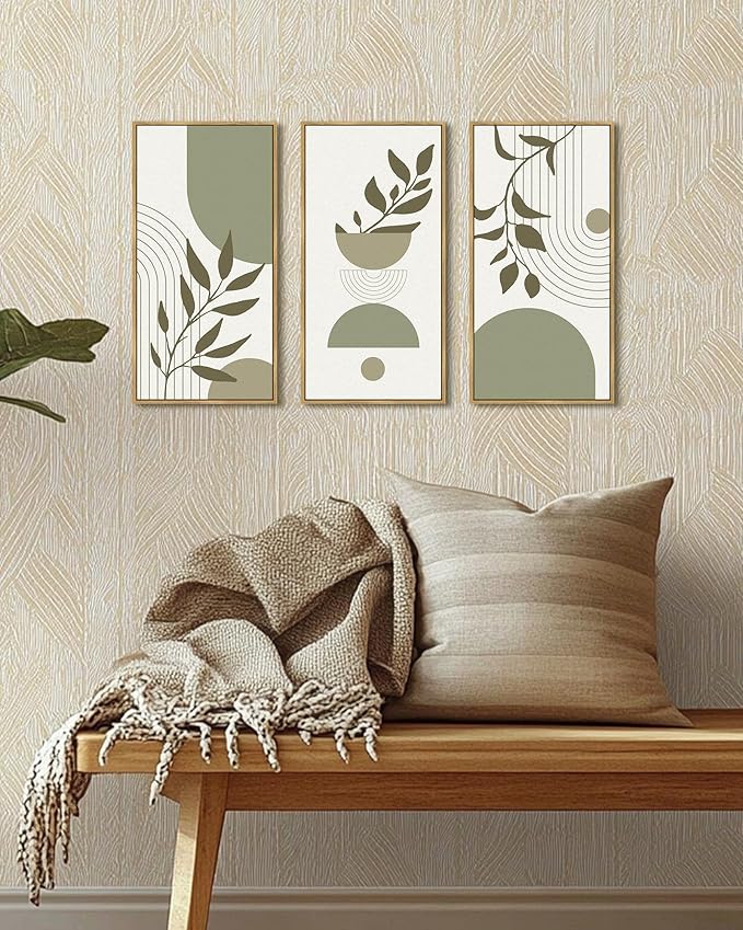 KUVIOKE Boho Light Green Wall Art Framed Botanical Leaf Artwork Minimalist Line Decor for Bathroom Living Room 8x16in3pcs Natural Framed