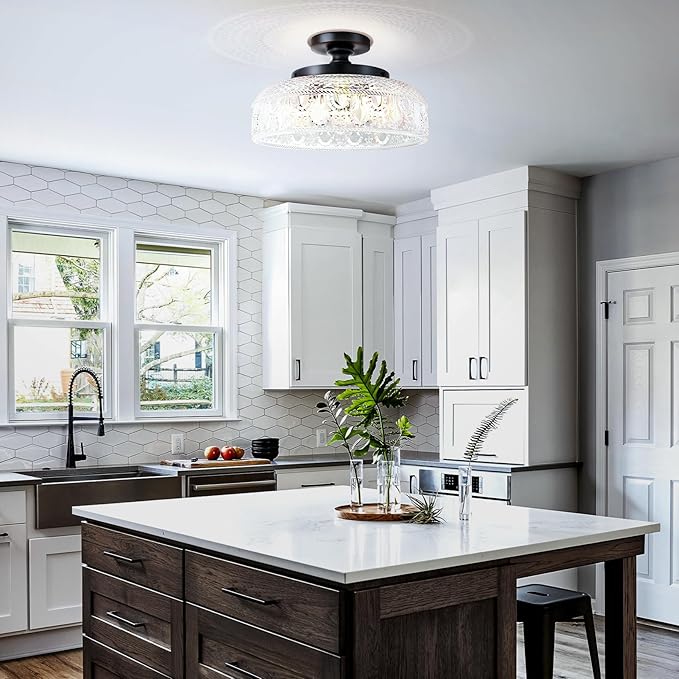 Lamomo Semi Flush Mount Ceiling Light, Upgraded Larger 12 Inch Black Hallway Light Fixture, 3 Light Globe Glass Close to Ceiling Light, Indoor Hanging Light for Bedroom Kitchen Porch Hallway