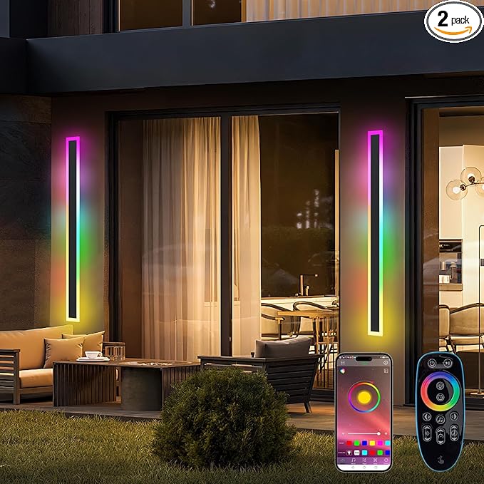 Outdoor RGB Long Wall Lights, 70.8inch 2 Pack RGB/Warm/White Dimmable Modern Led Wall Lighting, Ip65 Waterproof Long Wall Sconce with Remote and APP Control for Outdoor/Indoor
