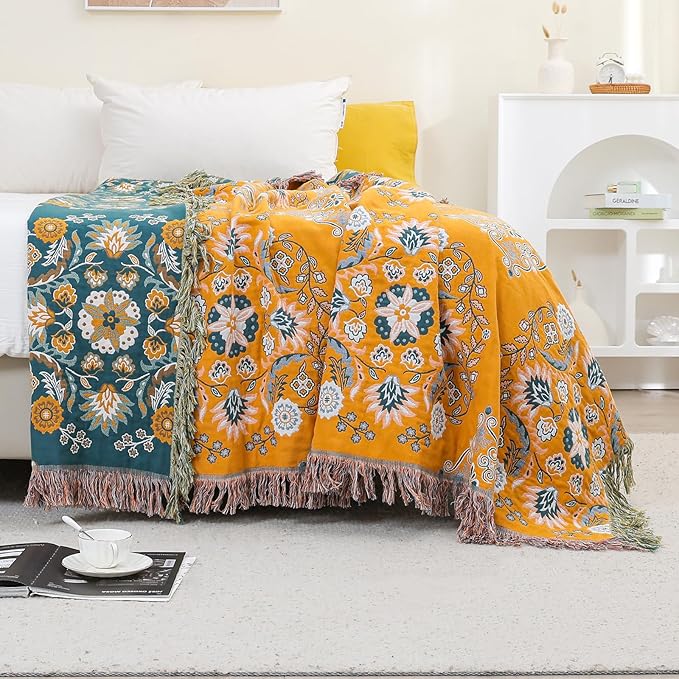 Boho Throw Blanket for Bed,100% Cotton Ultra Soft Lightweight Muslin 4-Layer Breathable Woven Throws 90''x 98'' Blanket Yellow Floral Farmhouse Decor Bed Blankets