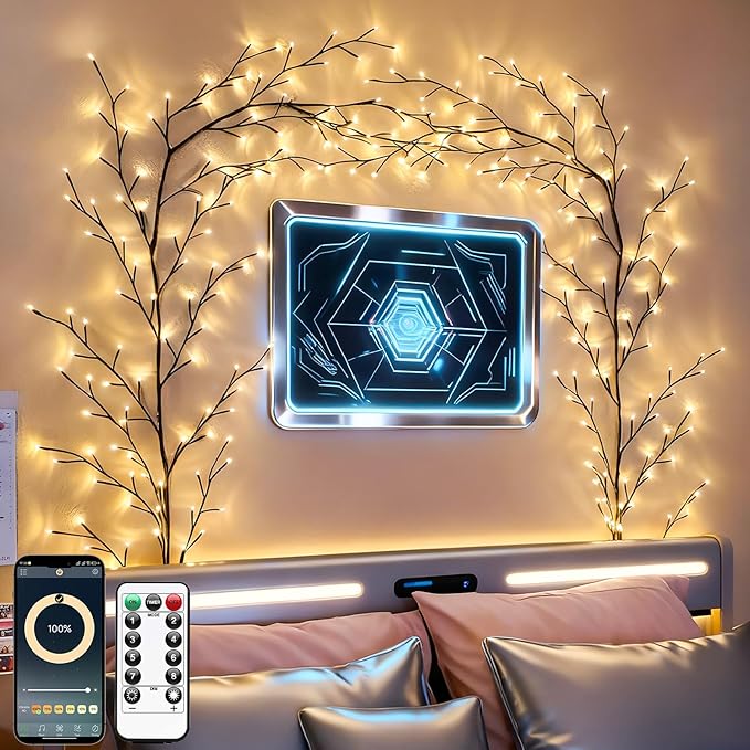 GOESWELL Smart Vine Light for Room Decor: 7.5ft 144 LEDs Music Timer Dimmable Fairy Tree Lights with Remote & App Control-Led Tree Branch Lights for Wall Mantel Corner Centerpieces Chritmas Halloween