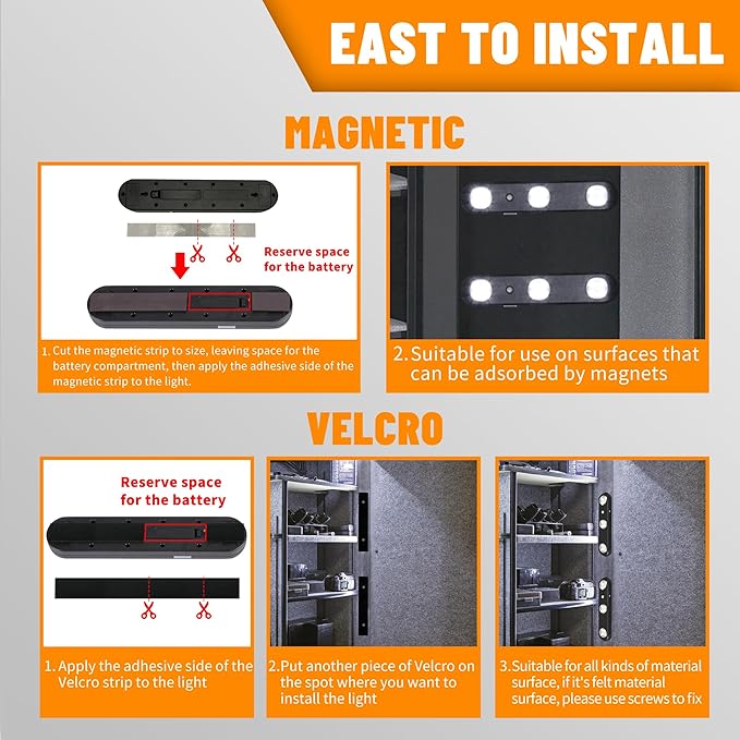 MIND&ACTION Gun Safe Lights, LED, 12 Bulbs, Motion Activated, Rotatable, Battery Powered (Black 2 Pack)