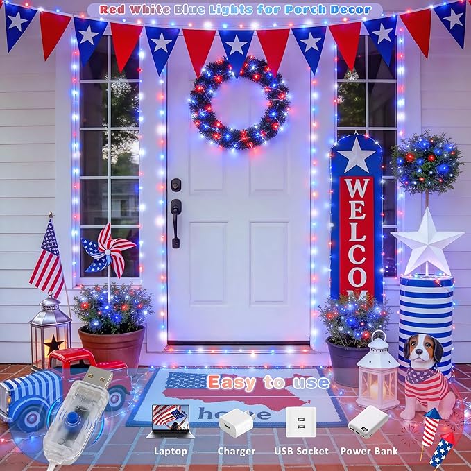 JMEXSUSS 4th of July Decorations Red White and Blue Fairy Lights Plug-in, 33ft 100 LED USB Fairy Light Indoor, 8 Modes Patriotic 4th of July Lights for Independence Day American Flag Holiday