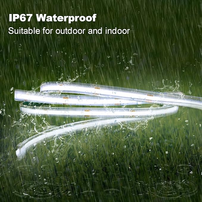 32.8Ft COB LED Strip Lights Outdoor Waterproof, 3200 LED Strip Light PVC Casing Tape Light Flexible with Self-Adhesive Timer Dimmable for House Garden Camping DIY Lighting (Cool White)
