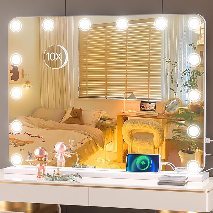 Hasipu Vanity Mirror with Lights, 32" x 24" Makeup Mirror, Light up Mirror with 14 Dimmable LED Lights and 10X Magnification, 3 Colors Modes, Touch Control, USB Charging Port, White (Round)