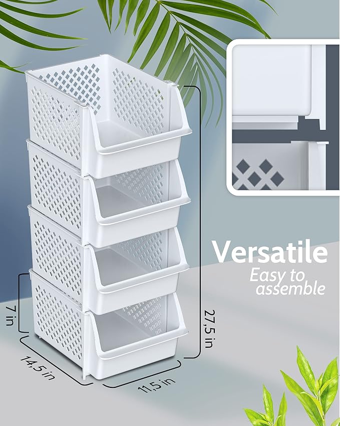 TidyFriend Stackable Storage Bins for Pantry, 4 Pack Stackable Bins For Organizing Food, Kitchen, and Bathroom Essentials (White)