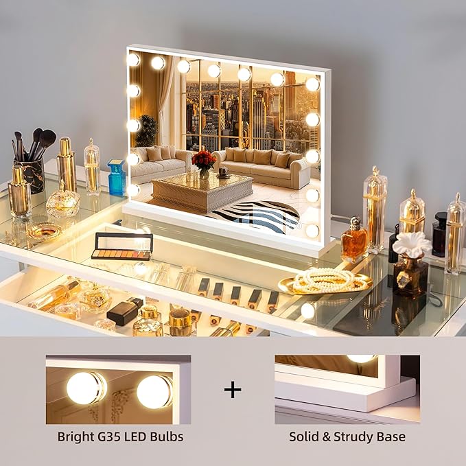 FENCHILIN Vanity Mirror with Lights and Bluetooth Speaker 22.8"x 18.1" Makeup Mirror Lighted Hollywood Mirror with 15 Dimmable LED Bulbs USB Charge Port, 3 Color Lighting Modes