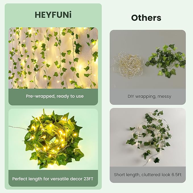 HEYFUNi Vines with Lights, 23 Ft 73 Led Fake Ivy String Lights Plug in, Leaf Lights for Bedroom, Wall, Balcony, Wedding Decor, Warm White