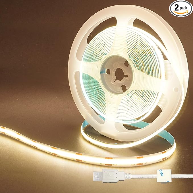 5V USB COB LED Strip Lights 2PCS,16.4FT/5M,Natural White 4000K,320LEDs/M,8mm Width,Not Waterproof IP20,1M USB Cable,Flexible LED Tape Light for DIY Home Indoor Decoration