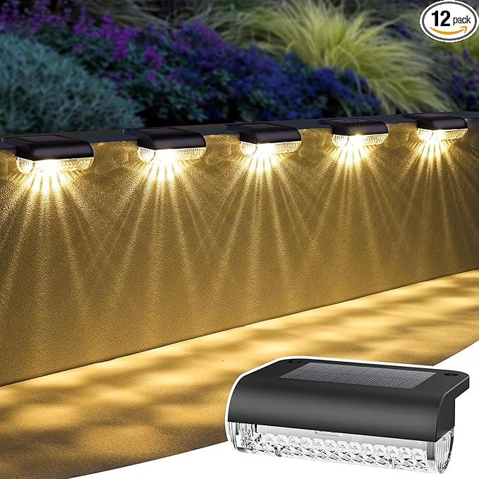 Solar Step Lights Outdoor, 12-Pack Solar Deck Lights for Stairs, Solar Fence Lights 3000K Warm White, Auto Dusk-to-Dawn, Weather Resistant Step Lights for Deck Railing Patio