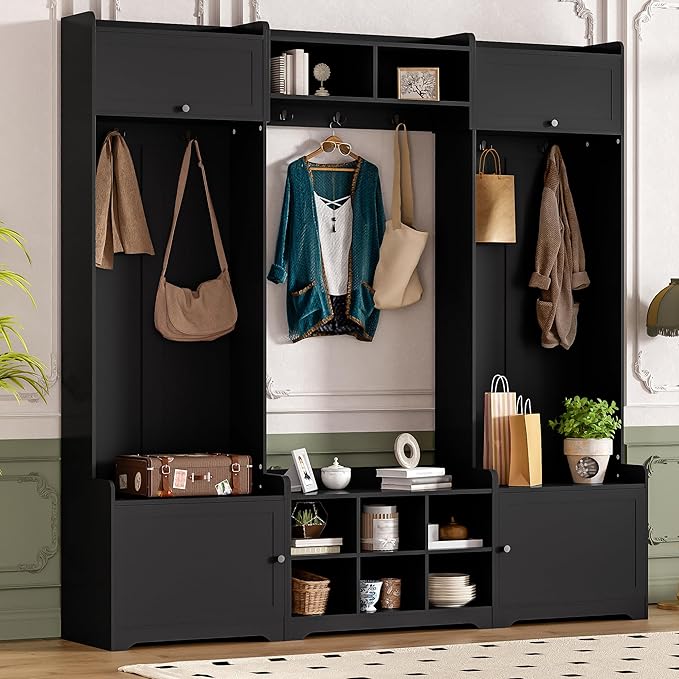 79.1''Wide Modern Hall Tree with Shoe Storage and 7 Coat Hooks, 4-in-1 Entryway Bench with 8 Cubbies and Adjustable Shelf for Hallway, Living Room (Black/78)