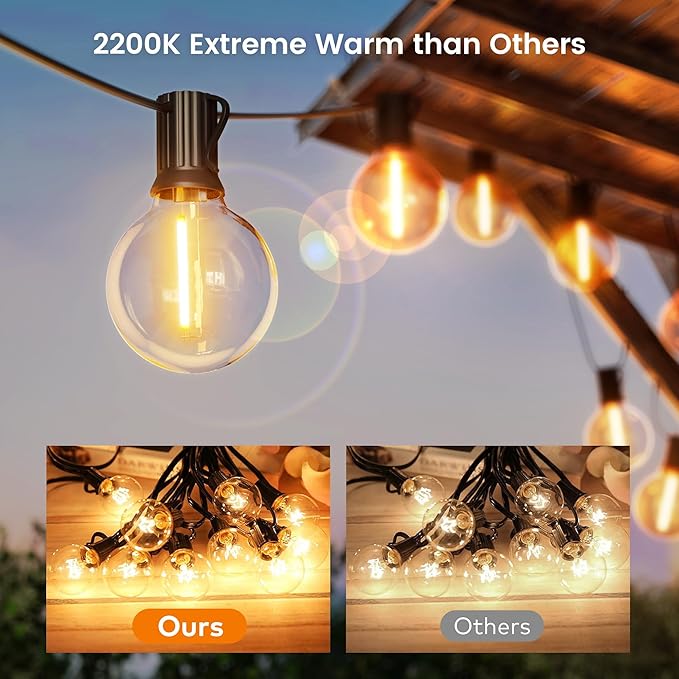 OHLUX Outdoor String Lights, 27FT LED Patio Lights with 17 Dimmable Plastic G40 Globe Bulbs(2 Spares), 2200K Waterproof Connectable Hanging Lights for Backyard Porch Cafe Party Decor E12 Socket Base