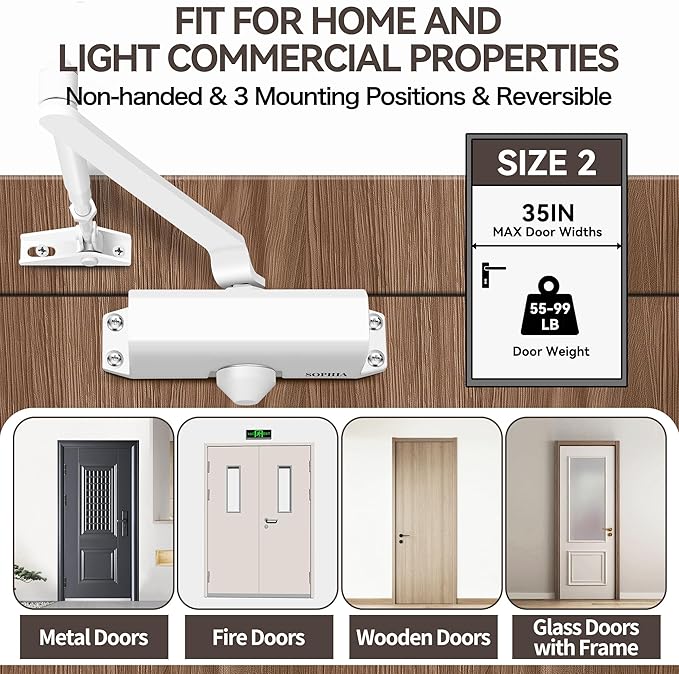 SOPHIA Door Closer for Home, Hydraulic Automatic Door Closer for Residential & Light Commercial Use for Door Weight 55-99LBS, Adjustable Speed, Life Size Fitting Templates, Size 2, White